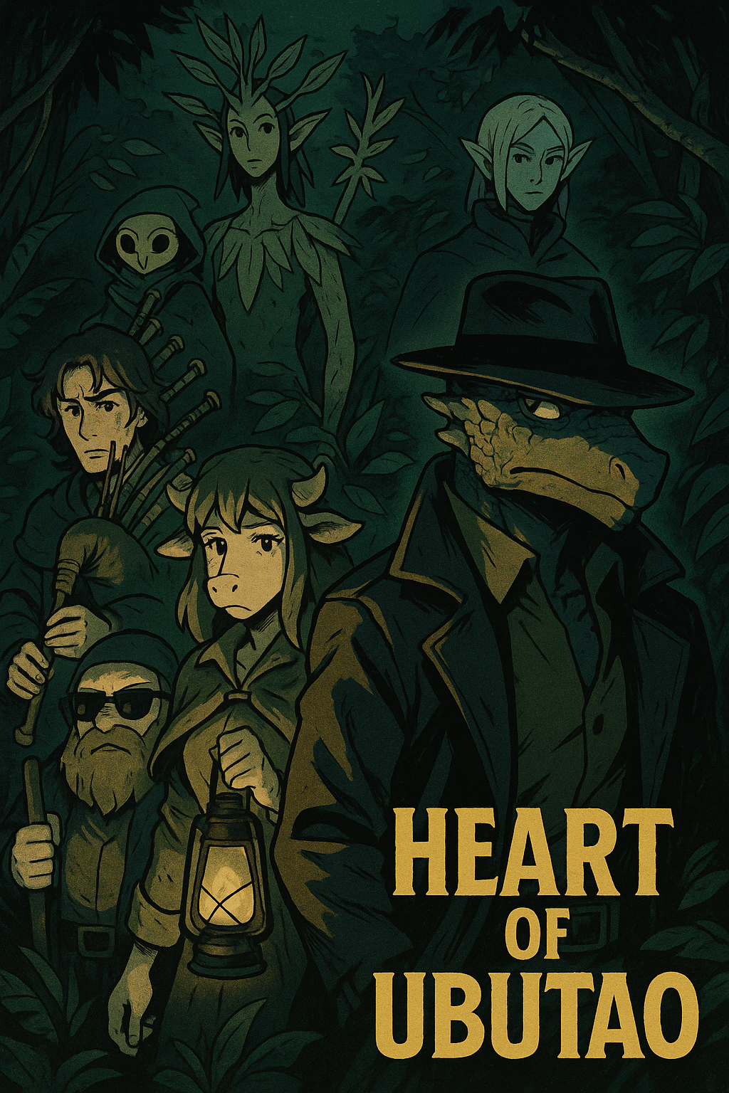 Six fantasy adventurers pose in a dark jungle above the Heart of Ubtao title.