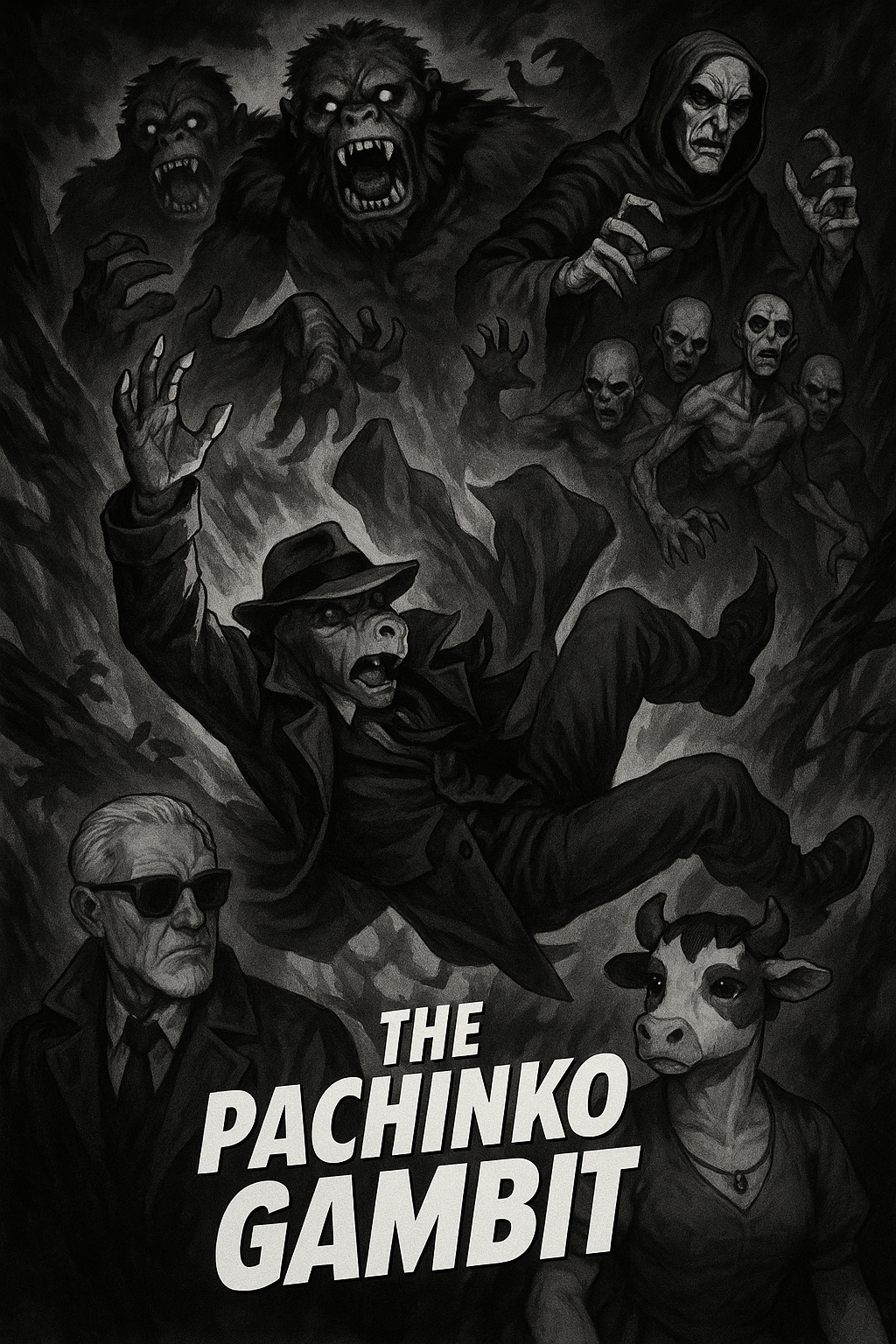 A donkey detective falls below apes and undead figures in a noir poster.