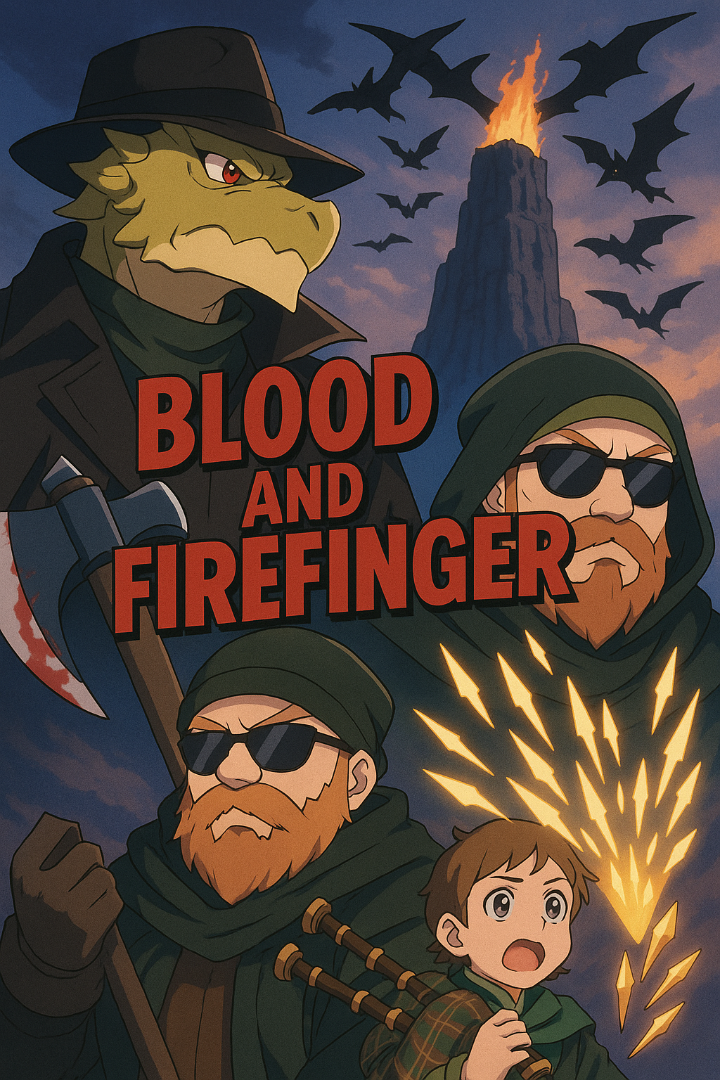 A dragonborn detective and adventurers pose before a burning tower and bats.