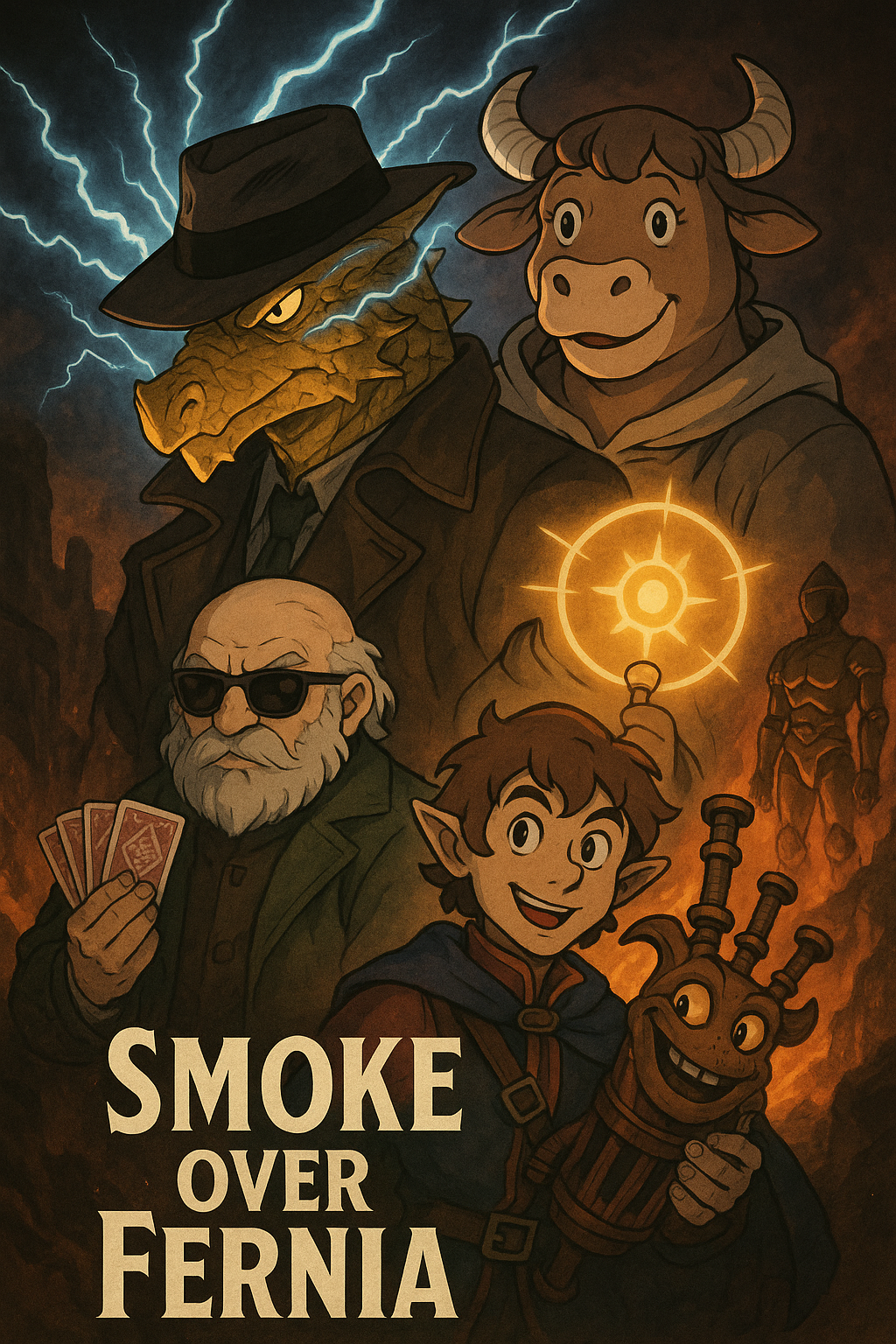 A dragonborn detective and adventurers pose amid lightning and orange smoke.