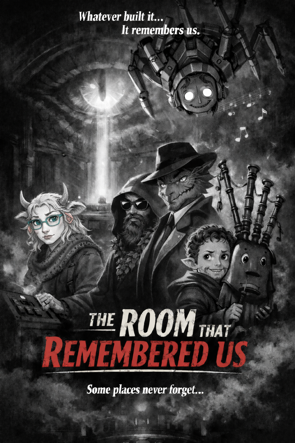 A hard-boiled fantasy noir poster: a trench-coat-wearing Dragonborn detective (Zaps) snarls through fog while swinging a lightning-charged greataxe at writhing snake abominations. Behind him, a calm firbolg puzzle-solver, a shady druid in sunglasses, a wide-eyed halfling with sentient bagpipes, and a cheerful spider-limbed warforged float in smoky grayscale shadows. The scene is moody, dramatic, and very aware that the world absolutely did not let them go.