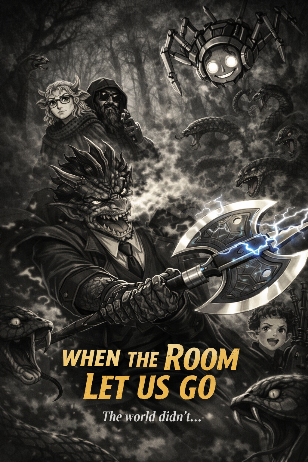 A dragonborn warrior raises a lightning axe amid snakes and allies.