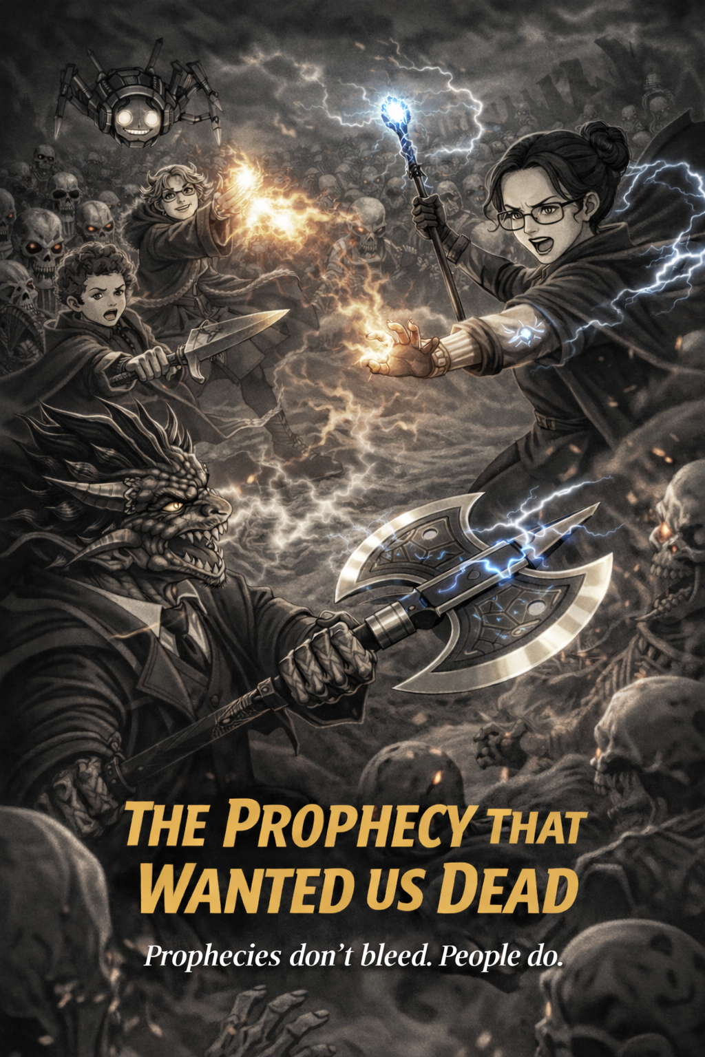 Adventurers battle a skeleton horde with fire, lightning, and a glowing axe.