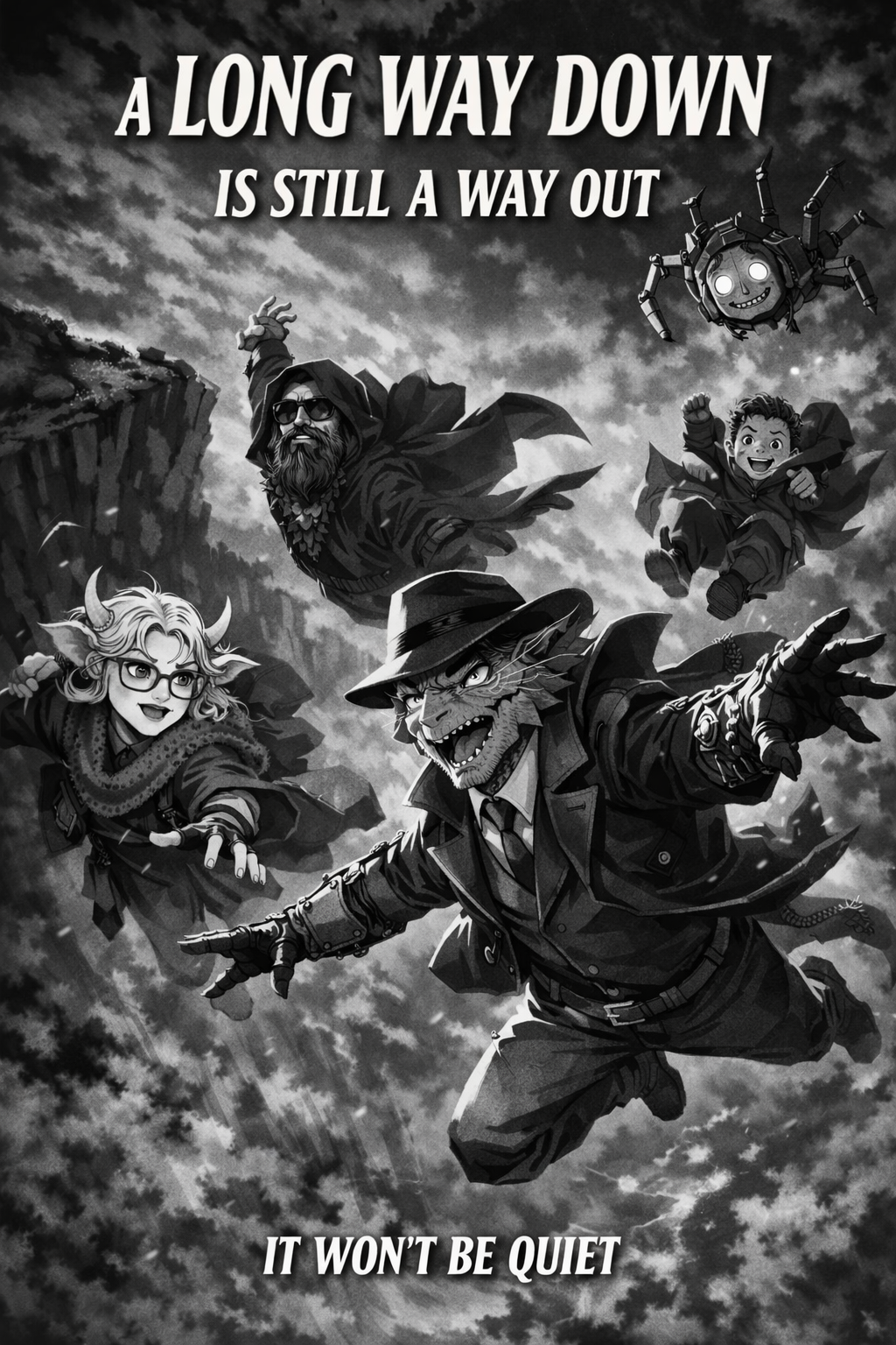 Four adventurers tumble through a rocky canyon beneath storm clouds.