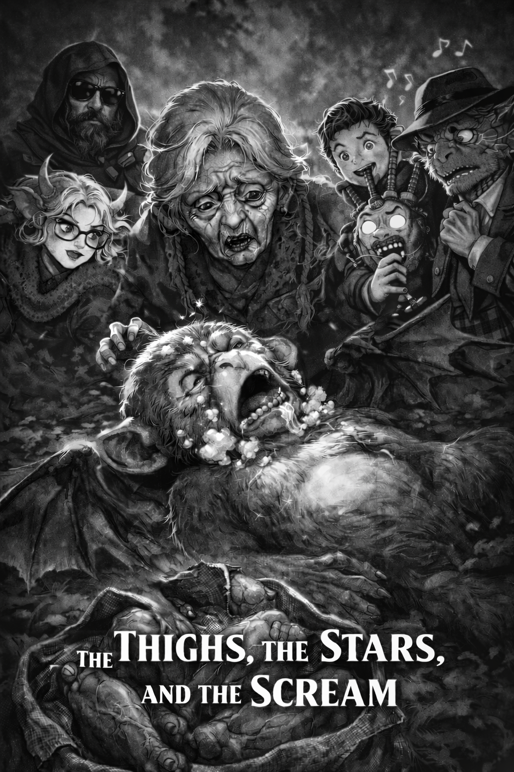Adventurers gather around a screaming figure in a monochrome horror poster.