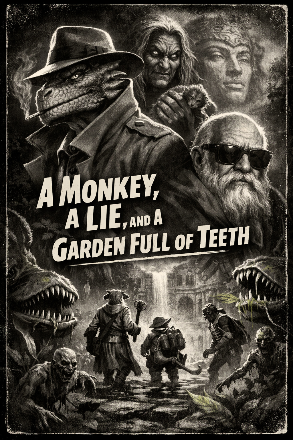 Noir adventurers face carnivorous plants and undead in a ruined garden.
