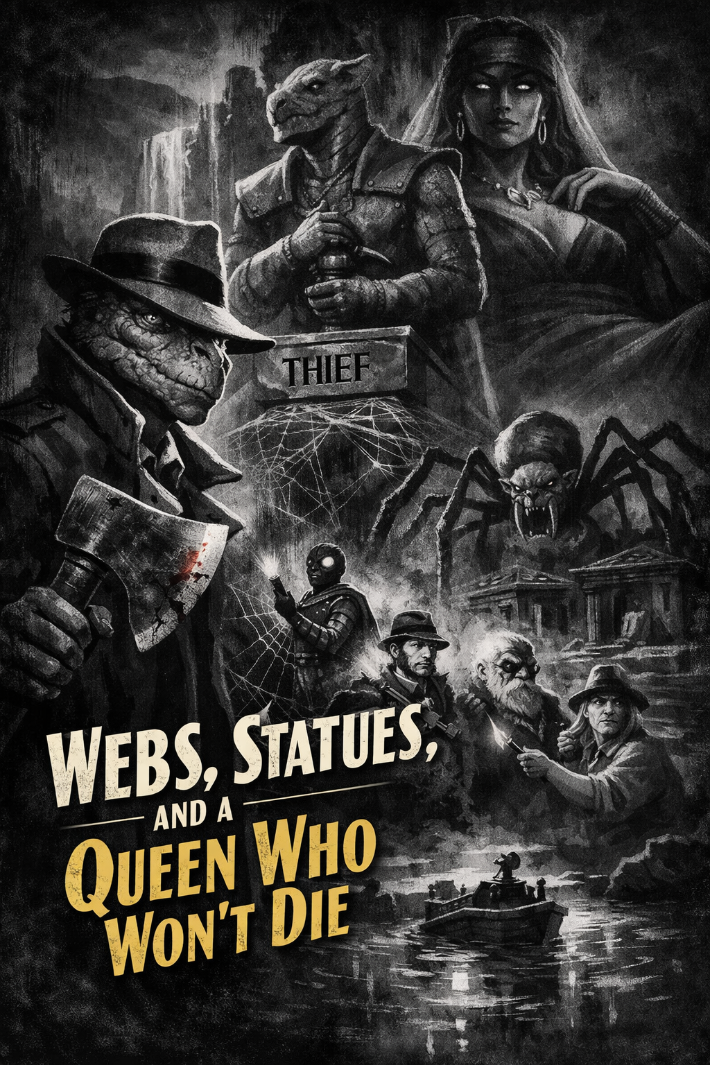 A noir collage shows adventurers, spiders, statues, a queen, and a boat.