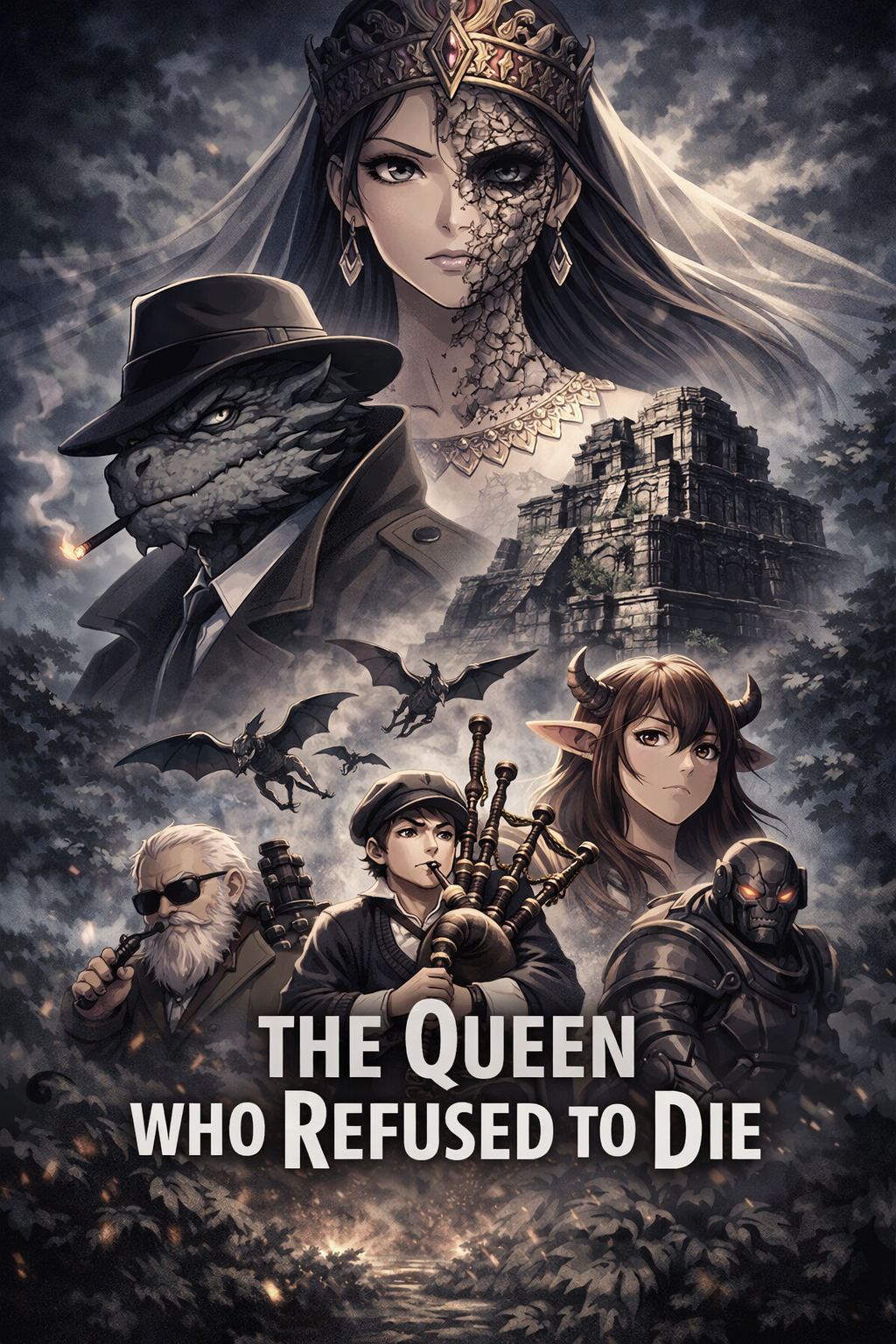 An anime-style fantasy poster titled “The Queen Who Refused to Die.” At the top, a regal queen with a crown stares forward, half of her face cracked and transformed into stone, her expression calm but haunting. Below her, a dragonborn detective in a fedora and trench coat smokes a cigarette, rendered in stylized anime detail. Beneath him, a group of adventurers stand together: a young halfling bard playing bagpipes, a horned firbolg woman with a determined expression, a dwarven druid wearing sunglasses, and a glowing-eyed warforged. In the background, a ruined jungle temple rises through mist while winged pterafolk descend from the sky. The composition blends anime character design with a dark, cinematic atmosphere.