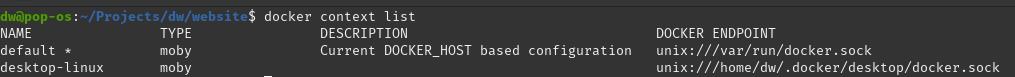 Screenshot of a Linux terminal showing the Docker CLI output for docker context list command that lists the default docker context, which is the Docker Engine context, and the Docker for Desktop context for the user