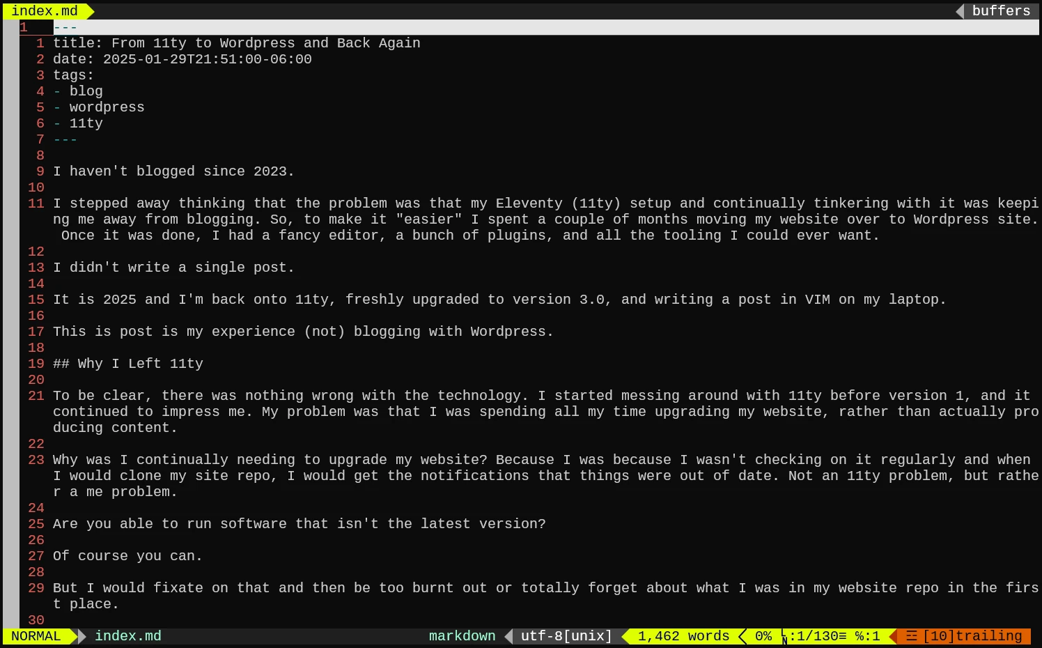 A screenshot of a text editor (Vim) displaying a Markdown file named index.md. The file is a blog post titled "From 11ty to WordPress and Back Again," dated January 29, 2025. The content includes headings, bullet points, and reflections on upgrading software and maintaining a website. The Vim status bar at the bottom shows the file type as Markdown, the encoding as UTF-8, and a word count of 1,462. The terminal interface has a dark background with syntax highlighting in various colors.