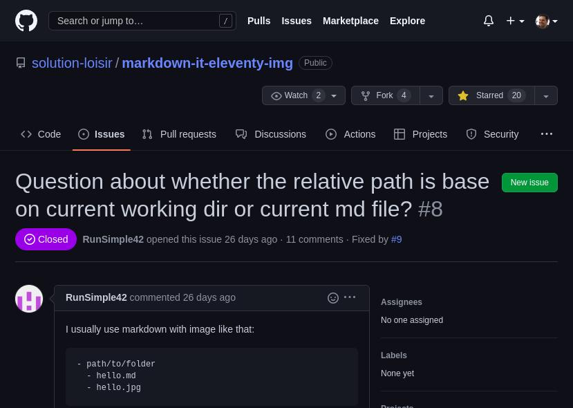Screenshot of GitHub issue with title "Question about whether the relative path is base on current working dir or current md file?" with the first entry in the issue describing how their blog posts have images in the same directory as the post