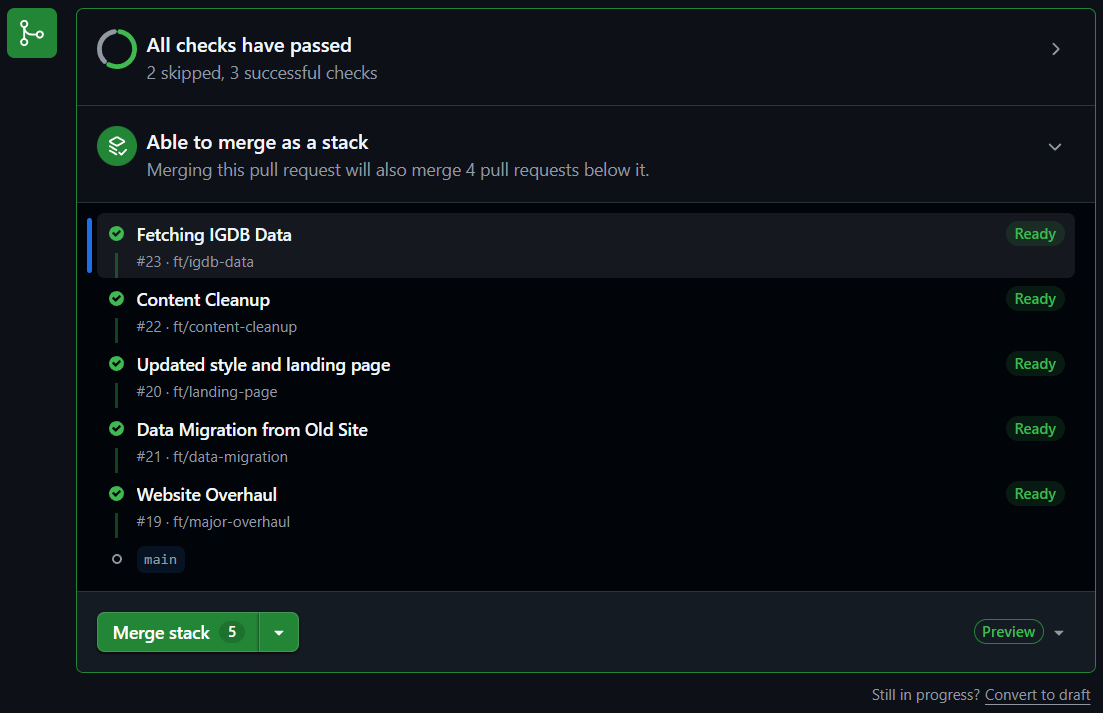 The GitHub web interface for a PR showing the stacked PR section, with five green checkboxes lined up for five separate branches. A green "Merge stack" button is at the bottom of the widget, with a green "Preview" tag in the bottom-right corner.