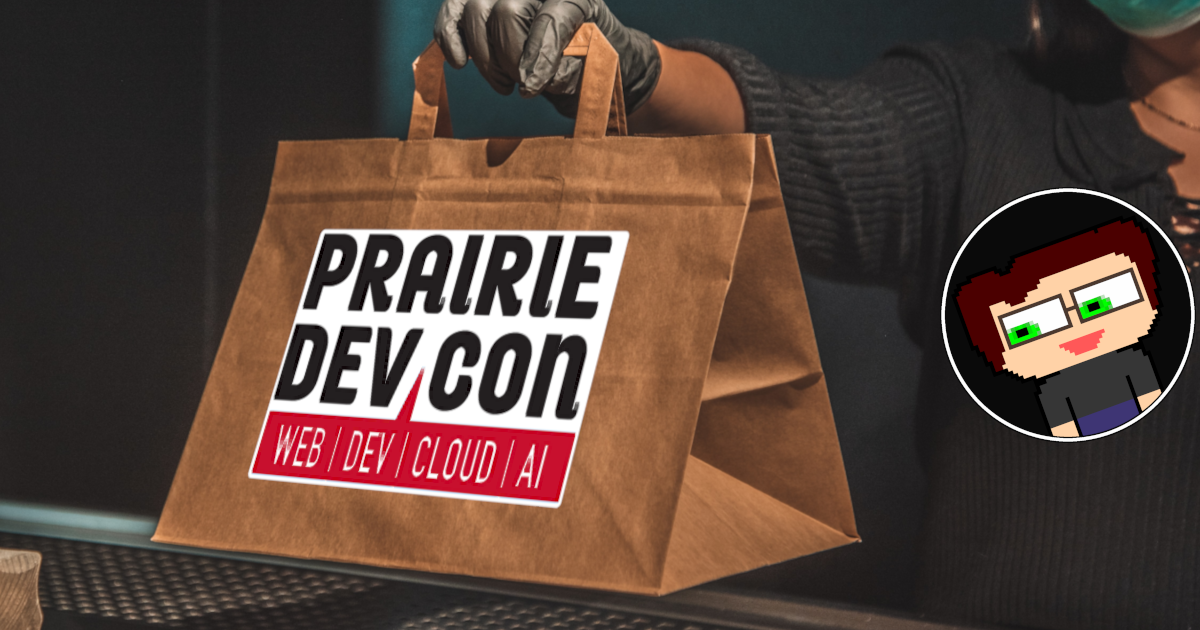 A woman holding a brown paper bag with the Prairie Dev Con logo on it , seemingly handing it to someone on the other side who is not visible in the photo.