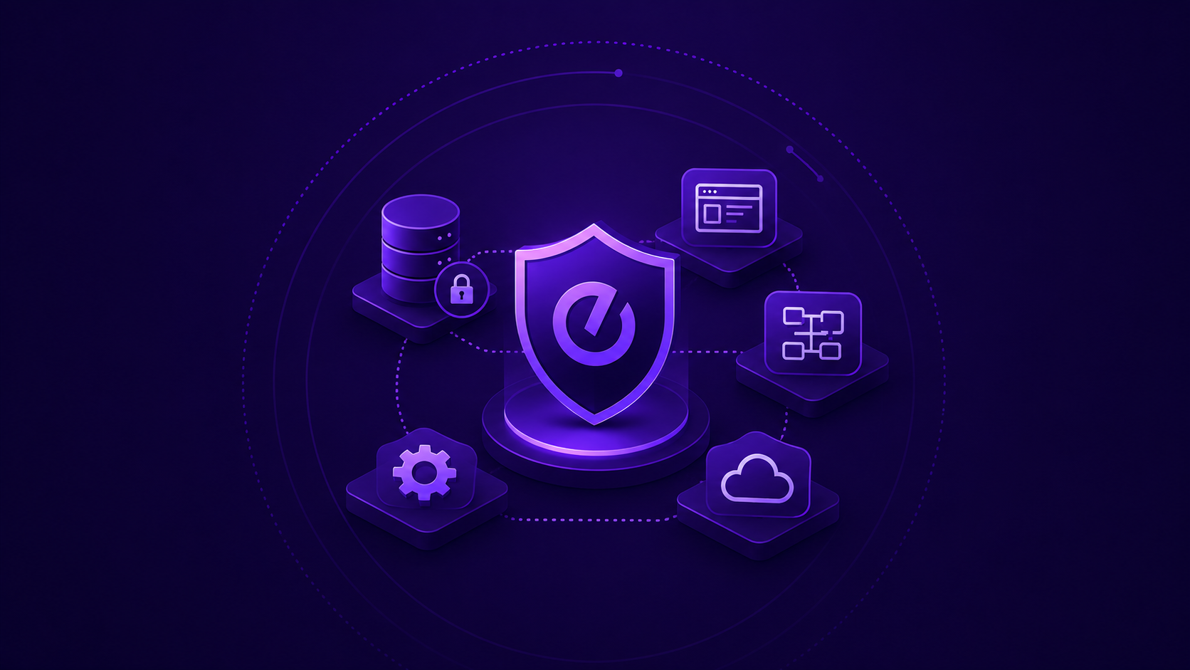 Dark purple futuristic illustration showing a central glowing shield icon connected to surrounding platform components in a circular network. Abstract symbols for databases, workflows, cloud services, applications, and automation orbit around the center with dotted connection paths and subtle neon gradients, representing secure SaaS-safe integrations and governed architecture.