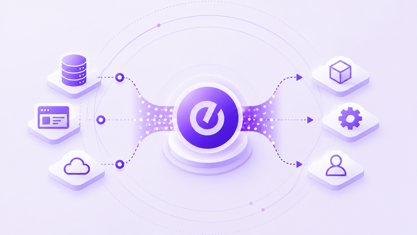 Minimalist light-purple technology illustration showing a central glowing integration hub connected to multiple systems through flowing event streams. Abstract icons representing databases, cloud services, applications, users, and automation tools surround the center in a clean event-driven architecture layout with soft gradients and futuristic UI styling.