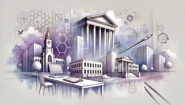 Illustration depicting the intersection of technology and higher education, featuring classical university buildings, modern skyscrapers, a digital workstation, and abstract data visualizations, symbolizing digital transformation and institutional modernization.