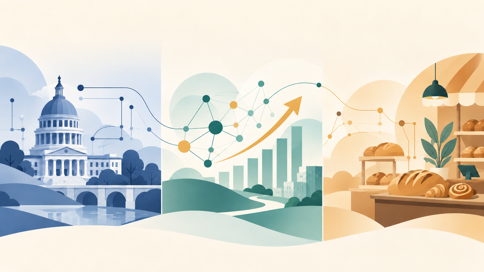 Minimalist three-panel illustration showing three perspectives on AI: a blue-toned public-sector government scene, a teal investment and growth scene with network nodes and an upward chart, and a warm-toned bakery representing small business, all connected by flowing data lines.